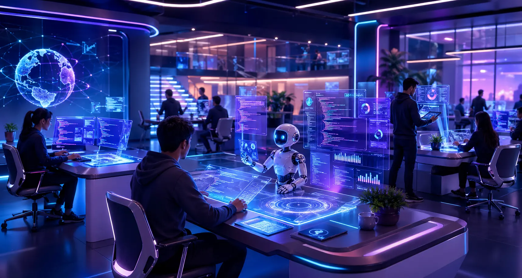 Futuristic innovation lab with developers and AI tools