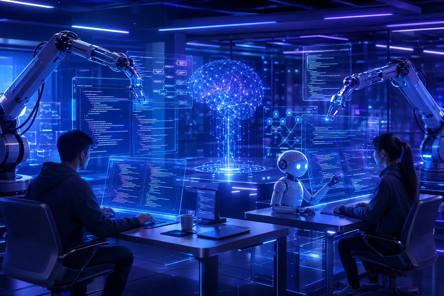 Artificial intelligence assisting software developers in a futuristic workspace