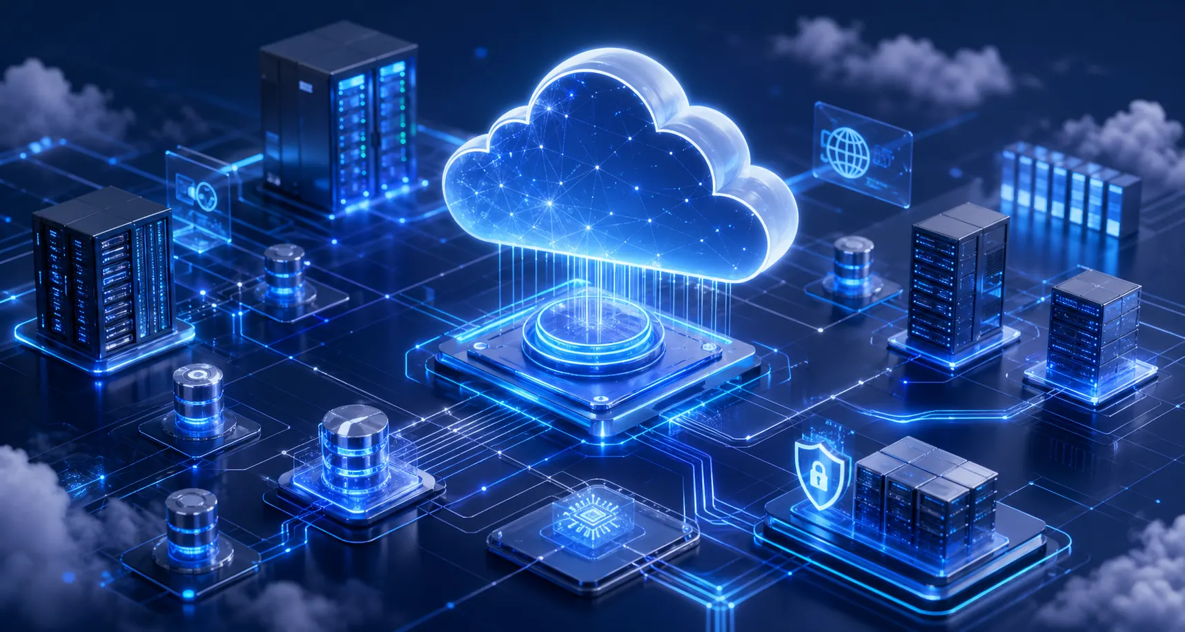 Floating cloud infrastructure with glowing servers and flowing data connections