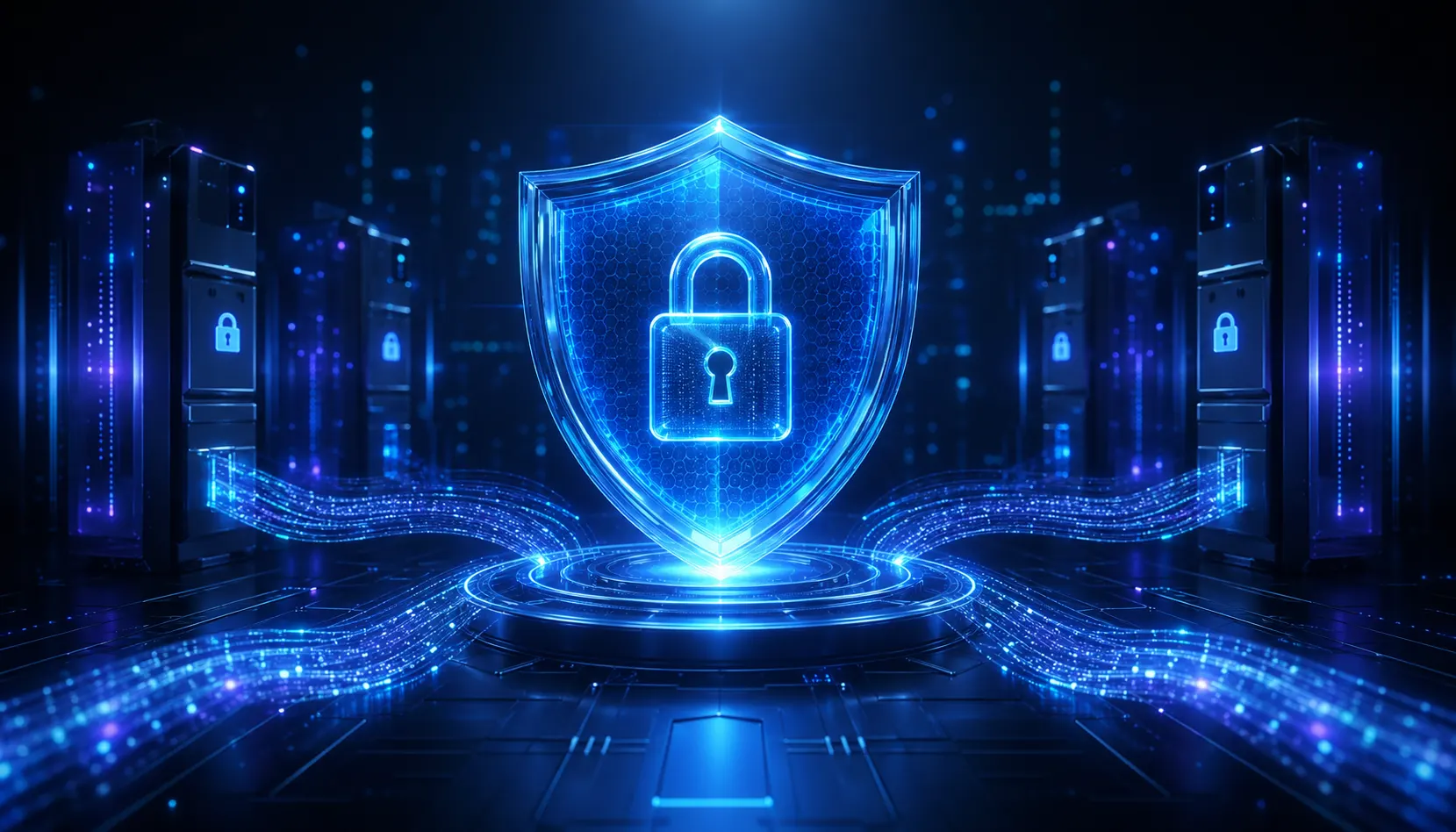 Glowing cyber shield protecting data streams in a futuristic security environment