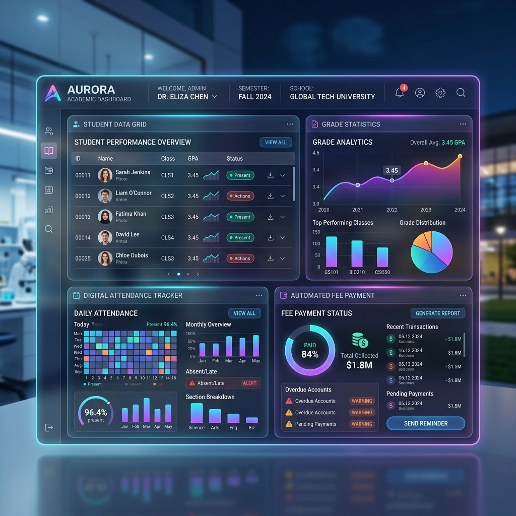 Futuristic university management and student data portal dashboard