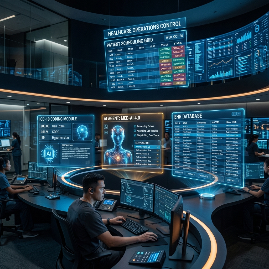 Futuristic cloud call center routing terminal with call metrics overlay