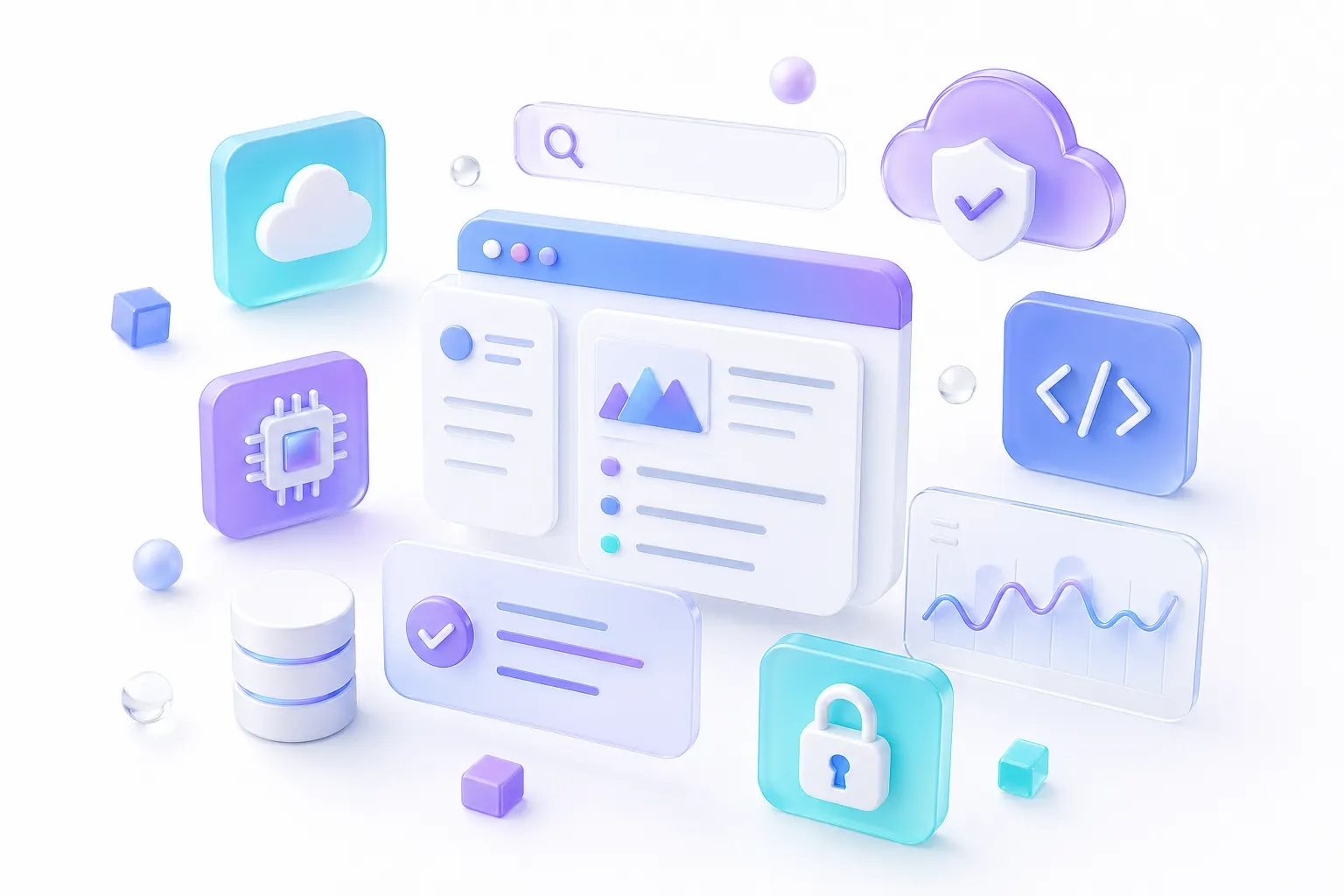 Minimal 3D tech icons and floating UI elements