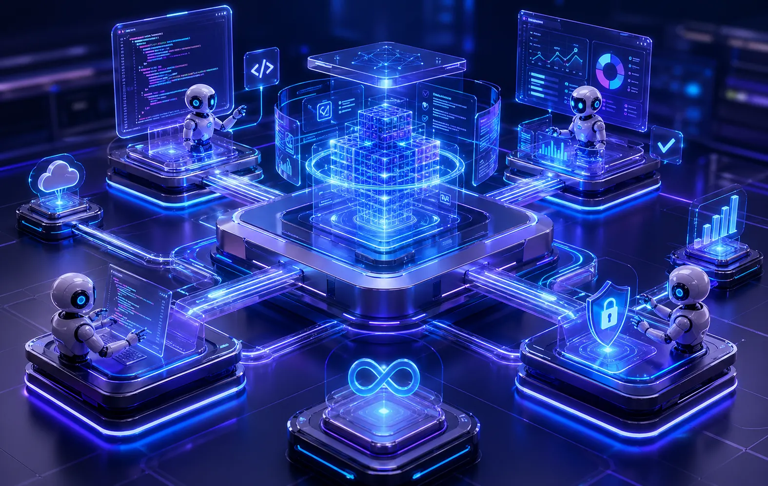 Futuristic all-in-one software platform with AI agents and glowing dashboards