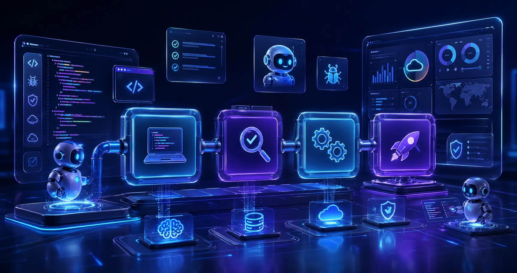 Futuristic software lifecycle platform with dashboards and connected data modules