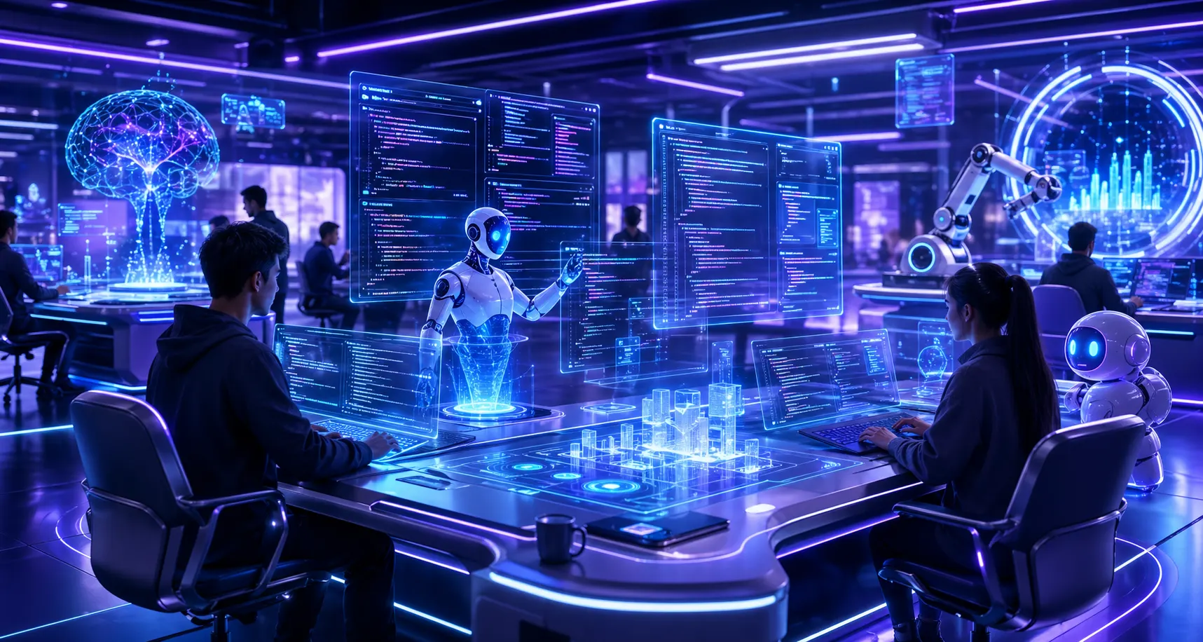 Futuristic software development environment with holographic screens and glowing code